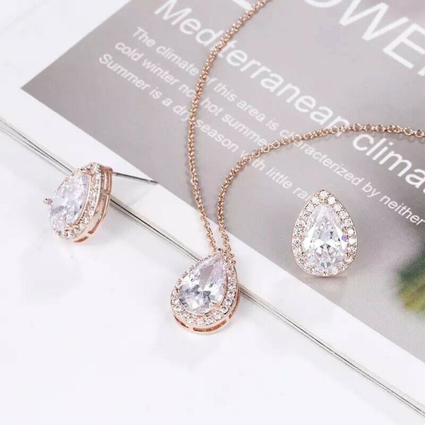 Bridal Necklace, Bridal Earrings, Rose Gold Bridal Necklace, Bridal Jewelry SET, Bridal Jewelry, Crystal Wedding Necklace, Wedding Jewelry