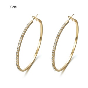 Large Hoop Earrings Crystal, Rhinestone, Medium Hoop, Rose gold, Gold earrings, Minimalist, Simple, birthday christmas gift for her image 4