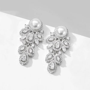 Bridal Earrings - Wedding jewelry Pearl earrings cubic zirconia cz crystal cluster post white pearl Silver Gold Bridal Earrings for Wedding