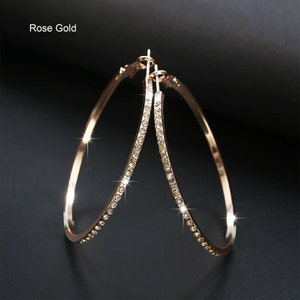 Large Hoop Earrings Crystal, Rhinestone, Medium Hoop, Rose gold, Gold earrings, Minimalist, Simple, birthday christmas gift for her image 3