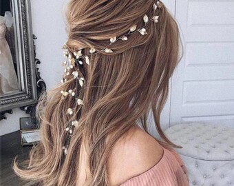 Bridal Hair Piece with pearls and leaves Bridal - Gold Rose Gold Silver Leaf Hair Vine for Bride, Wedding Hair Accessories, books hair vine