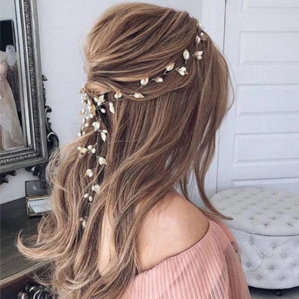 Bridal Hair Piece with pearls and leaves Bridal - Gold Rose Gold Silver Leaf Hair Vine for Bride, Wedding Hair Accessories, books hair vine