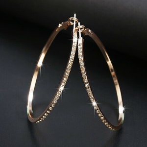 Large Hoop Earrings - Crystal, Rhinestone, Medium Hoop, Rose gold, Gold earrings, Minimalist, Simple, birthday christmas gift for her
