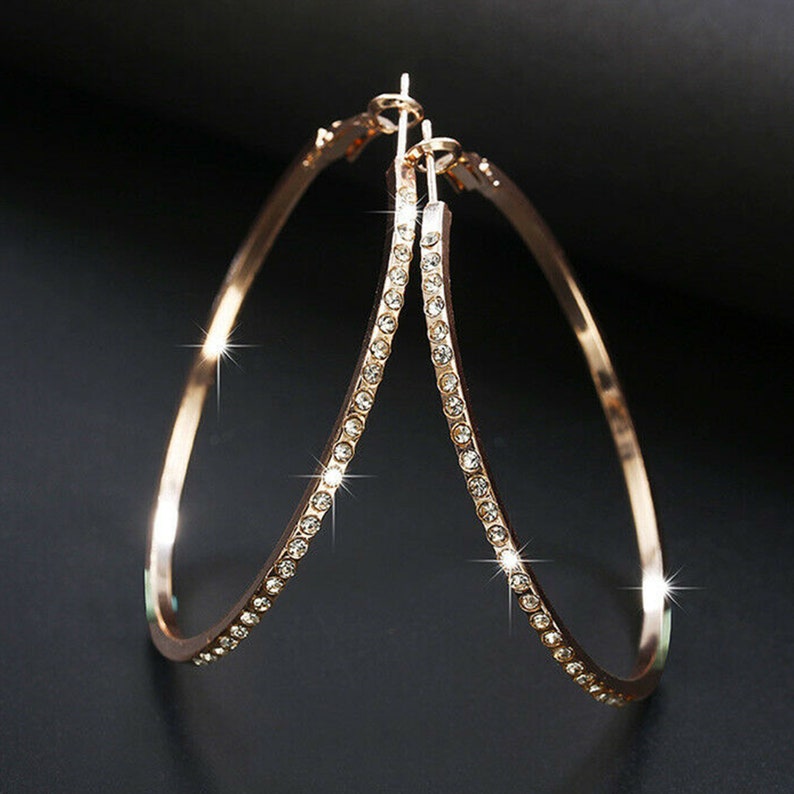 Large Hoop Earrings Crystal, Rhinestone, Medium Hoop, Rose gold, Gold earrings, Minimalist, Simple, birthday christmas gift for her image 1