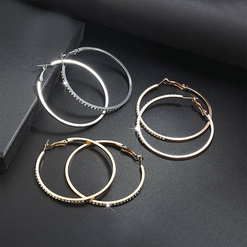 Large Hoop Earrings Crystal, Rhinestone, Medium Hoop, Rose gold, Gold earrings, Minimalist, Simple, birthday christmas gift for her image 5