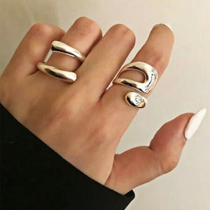 Irregular Silver Ring - Unique Hollow Thick Band Silver Ring Minimalist Statement Ring Chunky Double Loop Geometric Ring