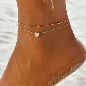 Dainty Boho Ankle Bracelets, Set of 2 Anklets Heart Gold tone Anklet Layered Bead Anklet, Gifts for her Daughter Sister, Vacation Jewelry