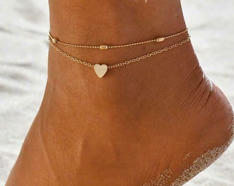 Dainty Boho Ankle Bracelets, Set of 2 Anklets Heart Gold tone Anklet Layered Bead Anklet, Gifts for her Daughter Sister, Vacation Jewelry