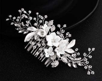 Bridal Hair Comb Hand-crafted with beautiful White Flowers, Rhinestone Leaves And Pearl Baby's Breath Accents, Silver Wedding Hair Comb