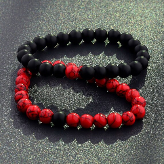 Beaded Bracelets Black and Red Matching Pair Long Distance Etsy