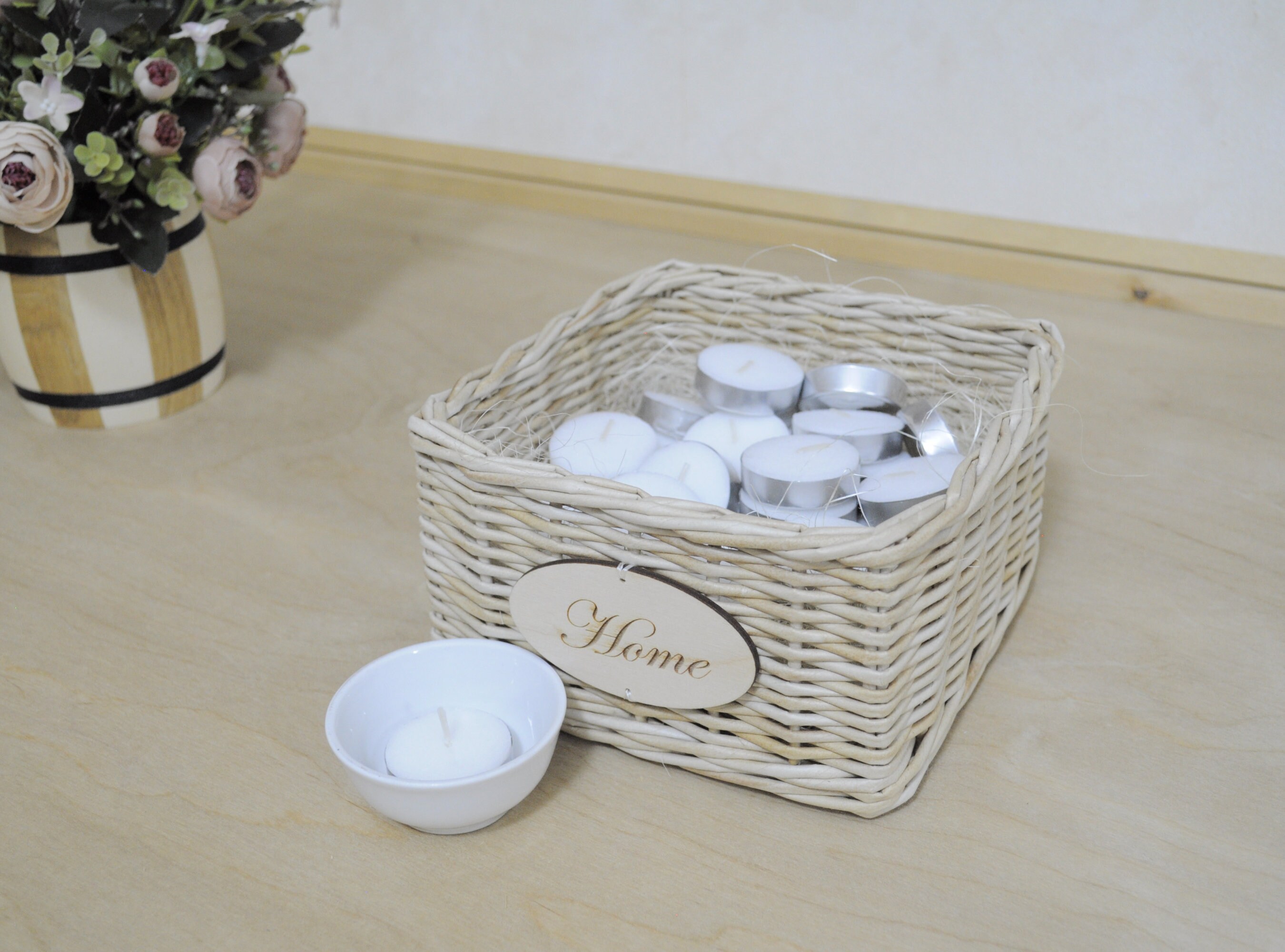 Wicker baskets with candles and candlestick personalized Etsy