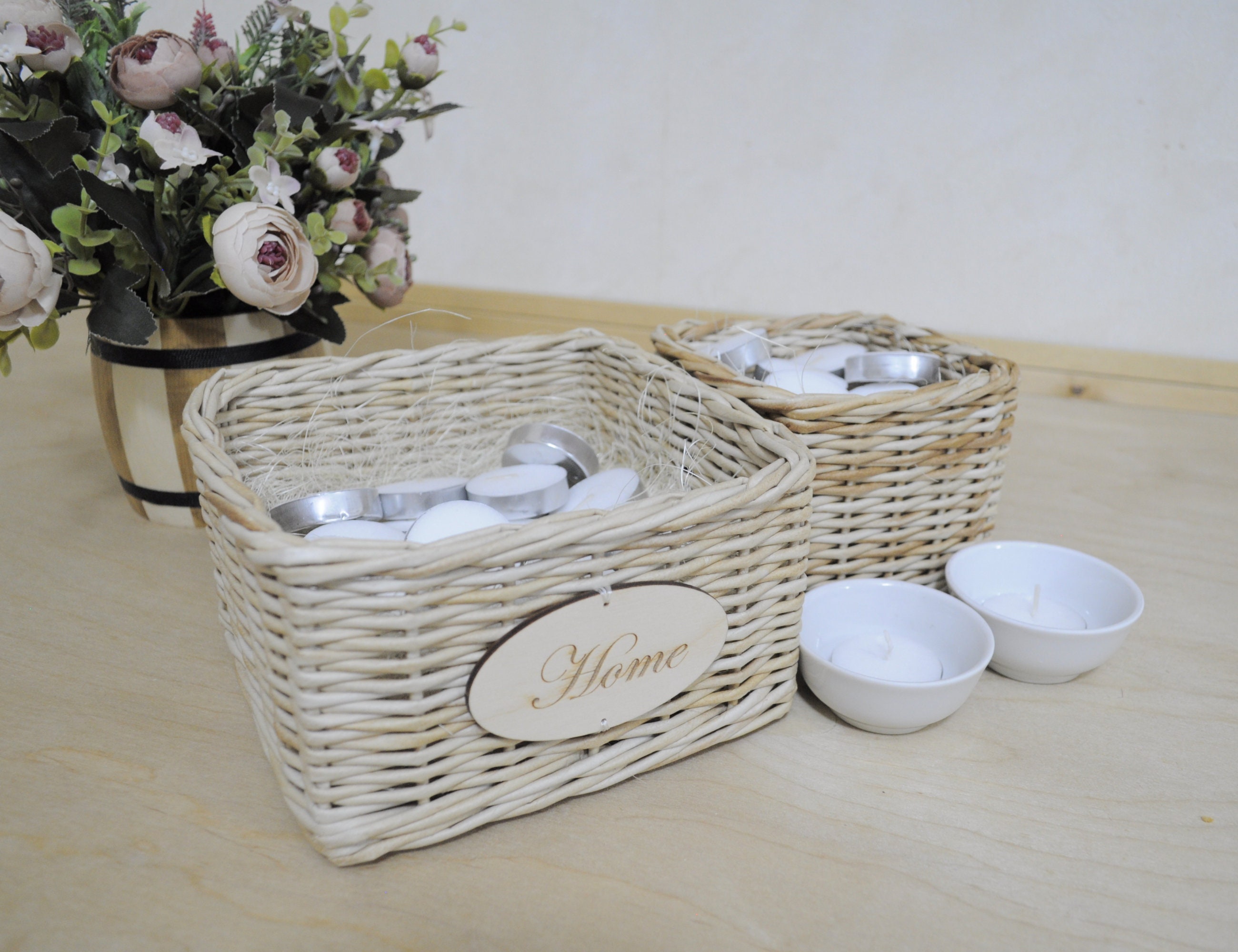 Wicker baskets with candles and candlestick personalized Etsy