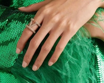 Gold Toned Letter V Ring: Adjustable Micro Pave Statement Ring