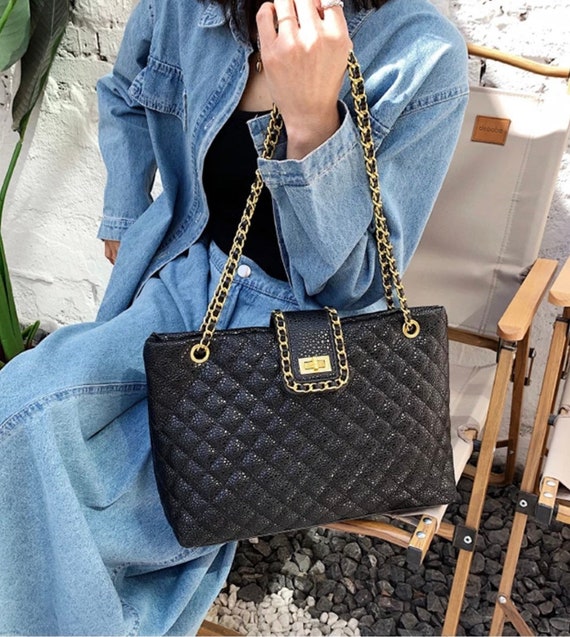 Lightweight, Portable, Large Capacity Casual, Fashion Quilted Detail Tote Bag, Elegant Large Artificial Leather Handbag, Women's Stylish Chain