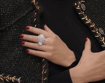 Silver Plated Camellia Ring: Adjustable Crystal Flower Ring