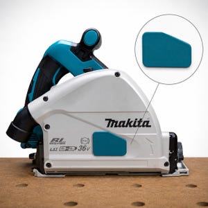 May include: A teal and white Makita cordless plunge saw featuring a BL motor, LXT 18V+18V 36V power system, and a black dust extraction port. A circular inset highlights a teal rectangular component on the side of the white metal housing.