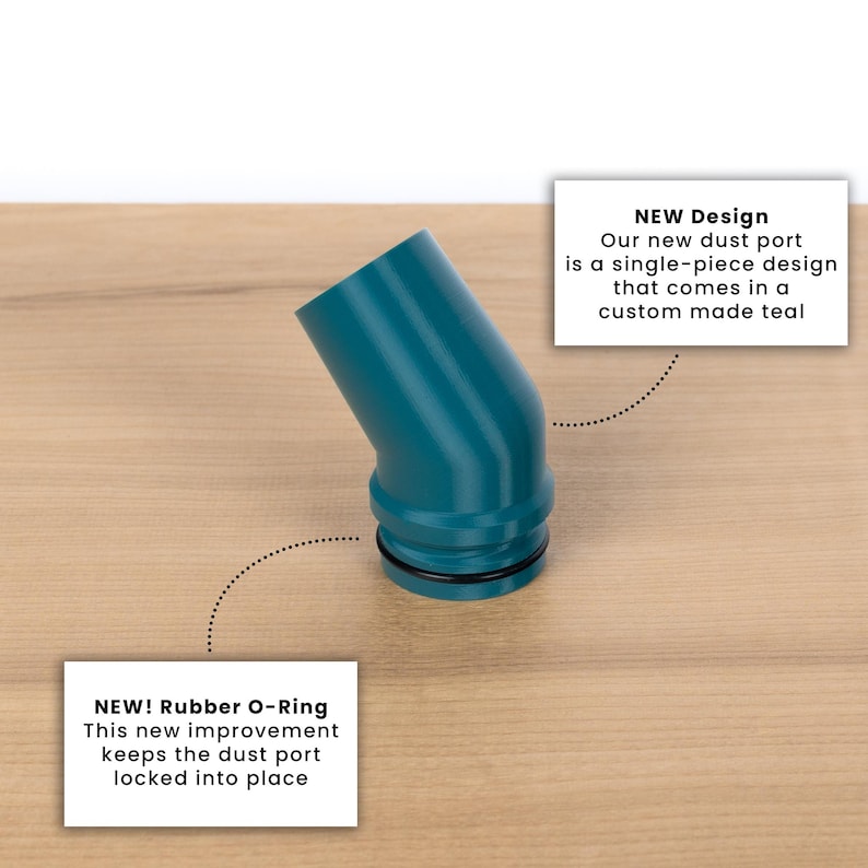 May include: Teal dust port with a rubber O-ring. The dust port is a single-piece design. "NEW Design" and "NEW! Rubber O-Ring" text is visible in the image.