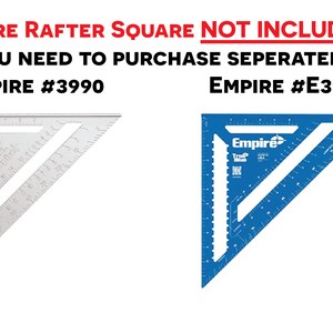 K&ouml;nnte beinhalten: Zwei Dachlattenwinkel, einer silberfarben und einer blau, mit dem Text "Empire" auf dem blauen Winkel. Der Text "EMPIRE RAFTER SQUARE NOT INCLUDED! YOU NEED TO PURCHASE SEPERATELY: EMPIRE #3990 EMPIRE #E3992" befindet sich &uuml;ber den Winkeln.