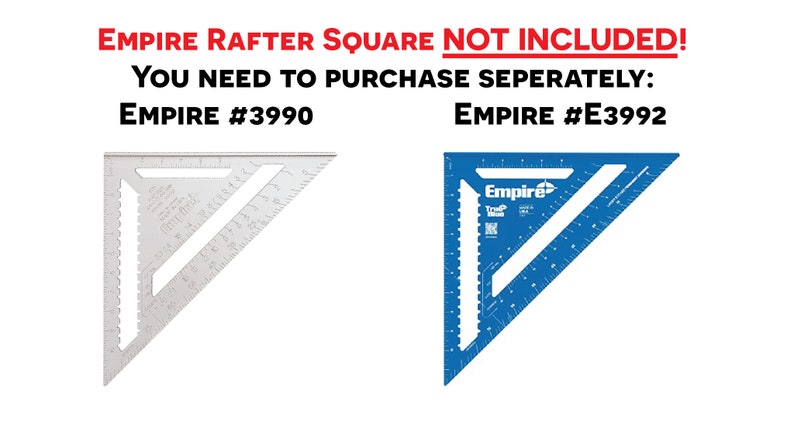 K&ouml;nnte beinhalten: Zwei Dachlattenwinkel, einer silberfarben und einer blau, mit dem Text "Empire" auf dem blauen Winkel. Der Text "EMPIRE RAFTER SQUARE NOT INCLUDED! YOU NEED TO PURCHASE SEPERATELY: EMPIRE #3990 EMPIRE #E3992" befindet sich &uuml;ber den Winkeln.