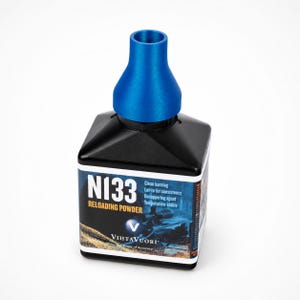 May include: A black plastic container of Vihtavuori N133 reloading powder with a bright blue funnel-shaped cap. The label features the text N133 RELOADING POWDER, Clean burning, Lot-to-lot consistency, Decopperant agent, and Temperature-stable.
