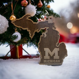 Custom laser cut Michigan Christmas ornament