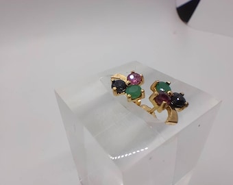 Super pair of vintage 9ct sapphire, emerald and ruby shamrock / clover earrings / ear studs