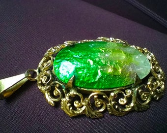 Stunning gold filled, foiled green and white enamel art nouveau pendant and brooch signed by French Limoges artist Camille Faure