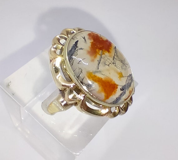 Large and unique continental 14ct gold ring with moss agate cabochon - very ornate. Size N