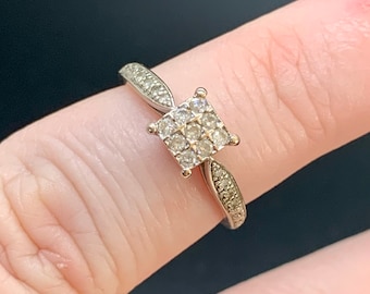 Stunning 9ct White Gold Diamond Cluster Ring with Square 9 Diamond setting and Diamond Set Shoulders.