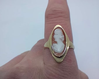 Een ongewone vintage 9ct geelgouden ovale dame buste gesneden cameo ring maat p 1/2 sieraden