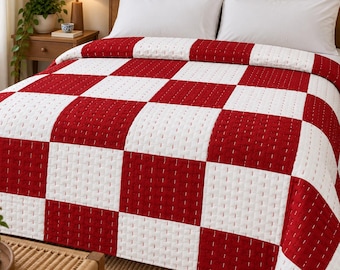 Handmade Patchwork Kantha Quilt, Handstitched Red & White Cotton Blanket, Queen Size Bedding Throw.