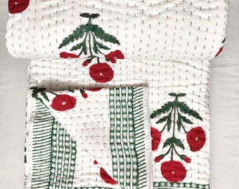 Handmade Red-Floral Kantha Quilt, Block Print Cotton Bedspread Boho Bedding Throw, Queen Size Blanket.