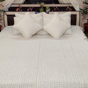 White Handmade Kantha Quilt, Black Stitch Cotton Bedspread, Hand-stitched Minimalist Boho Bedding, Indian Quilt.