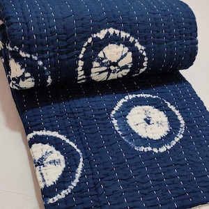 Handmade Tie-Dye Kantha Quilt, Indian Cotton Blanket, Queen Size Shibori Bedspread, Boho Bedding Throw.