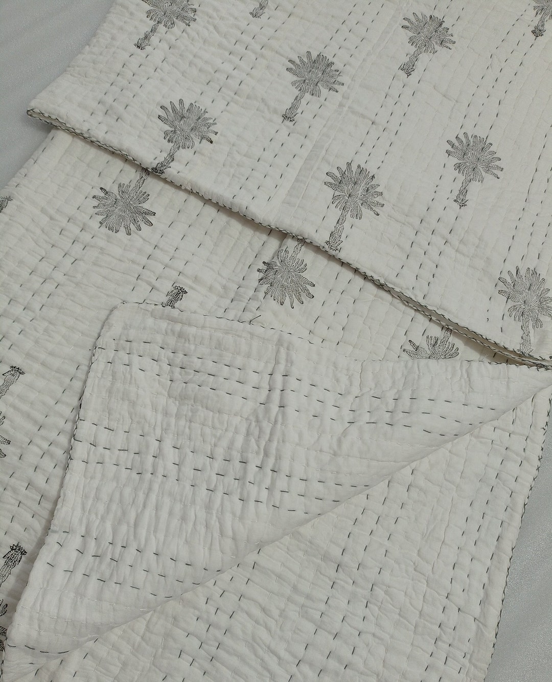 Gray Palm Kantha Quilt Throw, Hand Block Printed Kantha Bedspread