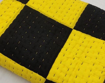 Yellow & Black Patchwork Kantha Quilt, Breathable Cotton Bedspread, Bohemian Style Bedding For Home Decor.