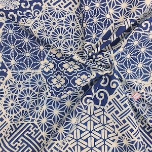 Peut inclure: Gros plan sur un tissu à motifs bleu et blanc. Le tissu présente un motif géométrique répétitif avec des formes florales et abstraites. Le motif est un mélange de blanc et de bleu marine, créant un effet visuel contrasté.