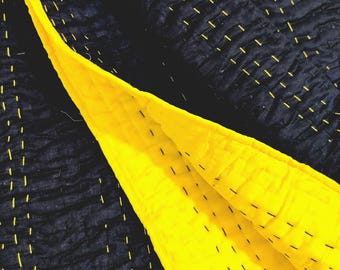 Yellow & Black Handmade Kantha Quilt, Indian Boho Bedding, Minimal Cotton Blanket, King Size Quilt.