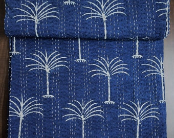 Indigo Palm Tree Quilt Kantha Bedcover, Block Printed Kantha Bedspread, Pure Cotton Vintage Gudari, Queen Size Kantha Coverlet Throw RAJ#048