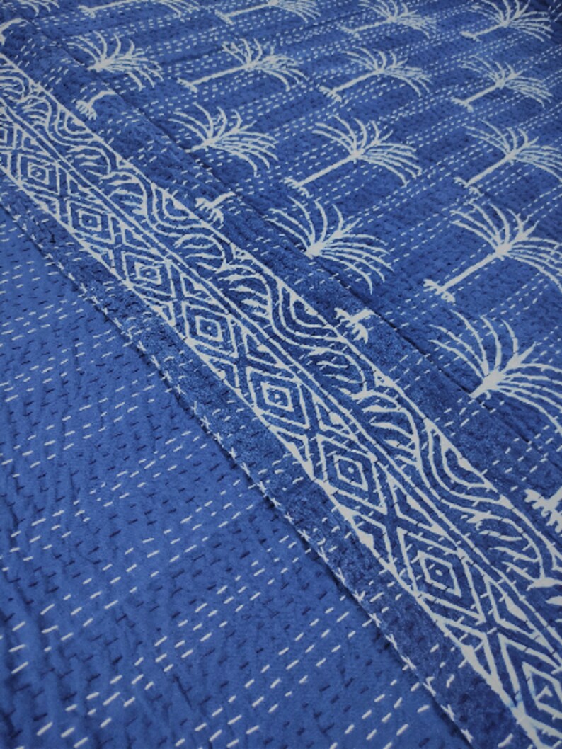 Indigo Palm Tree Quilt Kantha Bedcover Block Printed Kantha Etsy