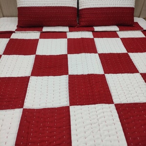 Red & White Patchwork Quilt, Modern Kantha Quilt, New Patchwork Bedding Set, One Kantha quilt with two Pillow Covers, Handmade Boho Throw.