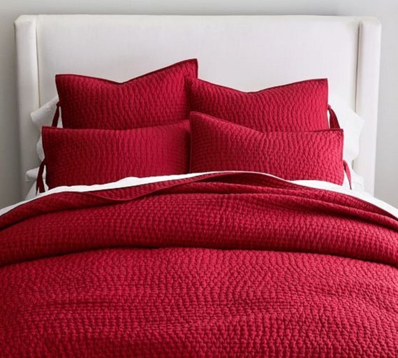 Solid Red Kantha Quilt Handmade Both Side Red Fabric Blanket Pure