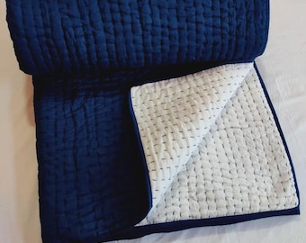 Blue & White Handmade Kantha Quilt, Reversible Cotton Blanket, Indian Boho Bedding, King size Bedspread.