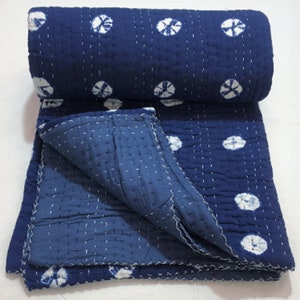 Indigo Shibori Kantha Quilt, Hand-Stitched Quilt, Boho Throw Blanket, Light Weight Tie-Dye Bedspread Bedding, Bohemian Style Kantha Quilt.