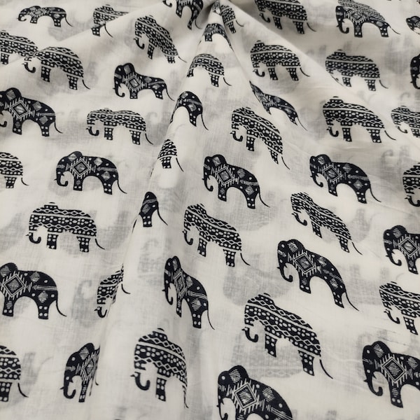 Elephant Block Print Fabric , 100% Cotton Fabric, Indian Fabric Sold By The Yard, Hand Natural Dyed Soft Cotton Clothing Robe,  RAJ#201