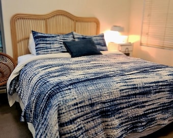 Indigo Tie-Dye Kantha Quilt, Handmade Cotton Blanket, Minimal Boho Bedding, Queen Size Bedspread.