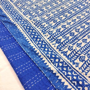 Handmade Kantha Bed Cover, Blue & White Block Print Cotton Bedspread, Indian Boho Bedding, Reversible Ethnic Bed Coverlet, Lightweight Quilt