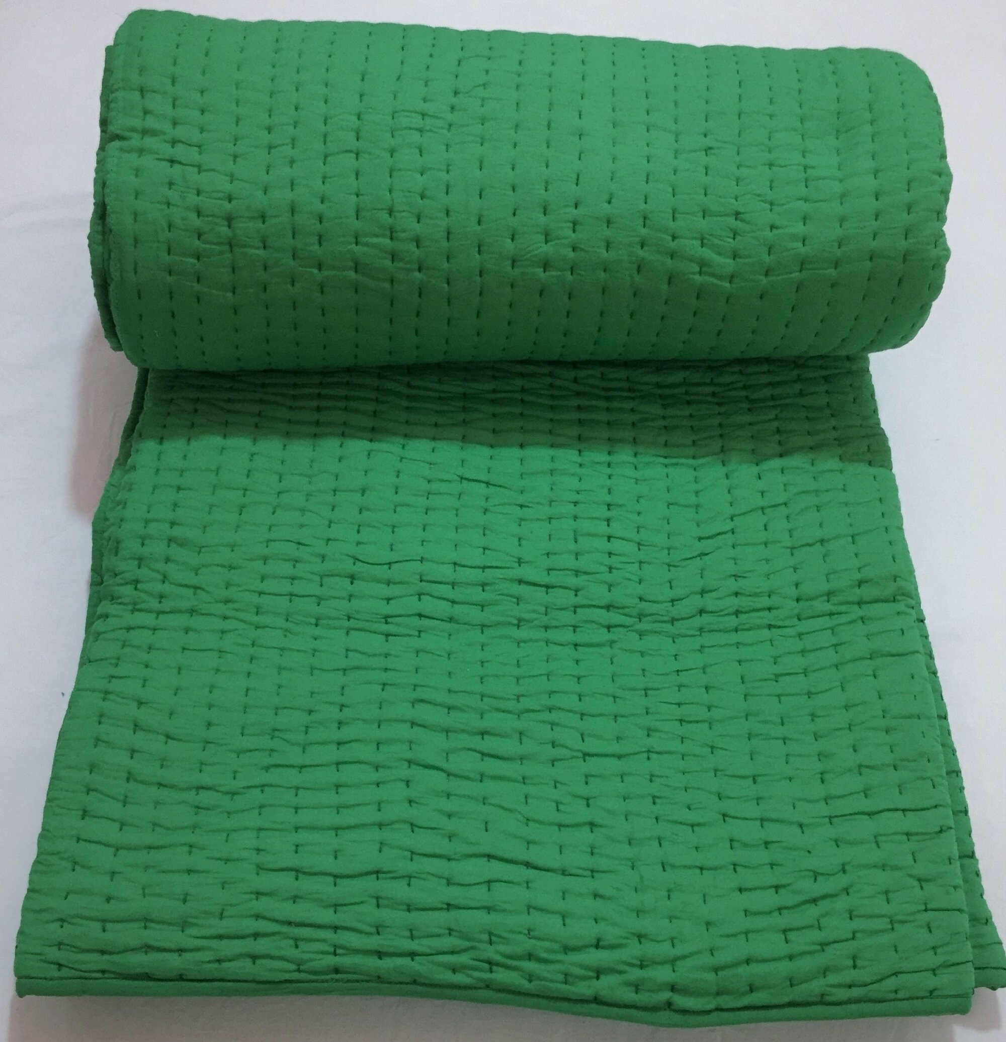 Solid Green Kantha Quilt Handmade Throw Kantha AC Blanket Etsy
