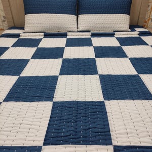 Handmade Cotton Bedding, Blue and White Kantha Quilt Throw, Patchwork Bedspread, Lightweight Boho Blanket.