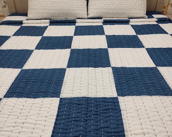 Handmade Cotton Bedding, Blue and White Kantha Quilt Throw, Patchwork Bedspread, Lightweight Boho Blanket.